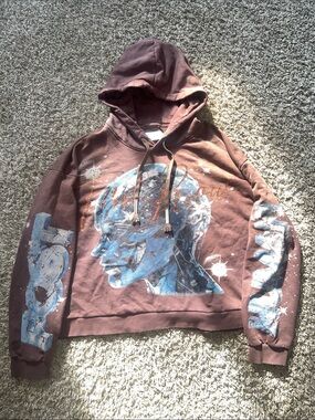 Men's Brown Graphic Hoodie with Blue Print